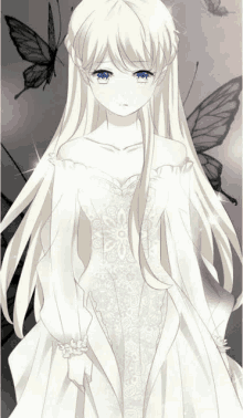 a blonde anime girl is wearing a white dress and standing in front of butterflies .