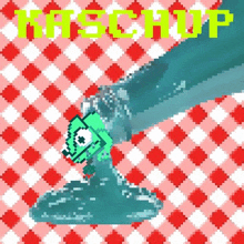 a pixel art of a hand pouring ketchup on a checkered table cloth