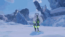 a video game character is standing in a snowy field