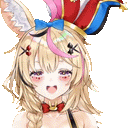 a close up of a girl wearing a hat with horns and a bow .