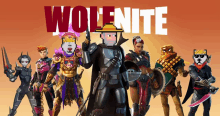 a group of wolenite characters standing next to each other on a red background