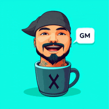 a cartoon of a man in a cup with a gm speech bubble behind him