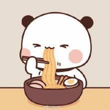 a cartoon panda bear is eating noodles with chopsticks from a bowl .