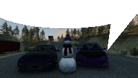 a snowman with a scarf around his neck stands between two cars