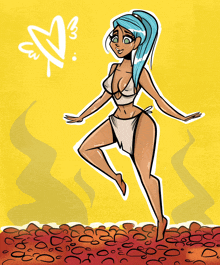 a cartoon drawing of a woman in a bikini with a heart in the background