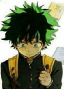 a boy with green hair and a yellow backpack is crying while holding a piece of paper .