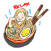 a cartoon of a woman taking a bath in a bowl of ramen with the words relax written above her