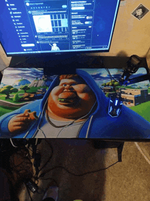 a painting of a fat man eating a hamburger on a desk in front of a dell monitor