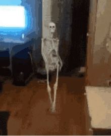 a skeleton is dancing in a living room in front of a computer .