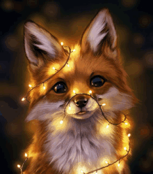 a close up of a fox with christmas lights around its neck