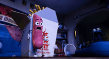 a cartoon sausage is standing next to a box that says chinese food