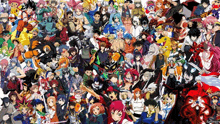 a large group of anime characters are standing next to each other .