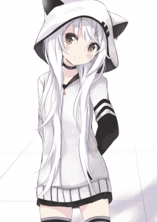 a girl with long white hair wearing a cat hooded jacket