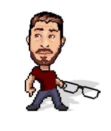 a pixel art of a man with a beard holding a pair of glasses