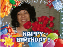 a happy birthday card with a woman holding a bouquet of roses