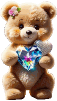 a teddy bear with a flower in its hair is holding a heart