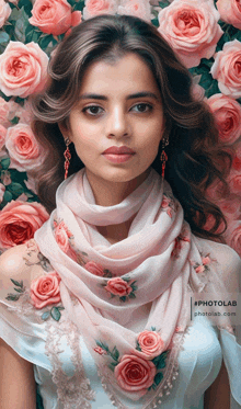 a woman wearing a scarf with pink roses around her neck