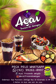 an advertisement for acai frozen do amigoo shows a phone number and a website