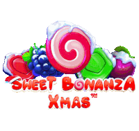 a sweet bonanza xmas logo with lollipops and fruit