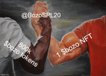 a painting of two men giving each other a fist bump with the caption $ bozo tokens