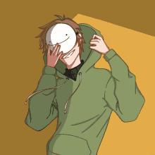 a drawing of a man wearing a mask and a green hoodie