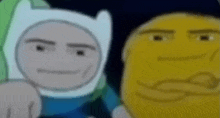 finn and shrek from adventure time are standing next to each other and looking at each other .