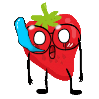 a cartoon drawing of a strawberry with glasses and arms and legs