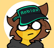 a cartoon character is wearing a hat that says roblox