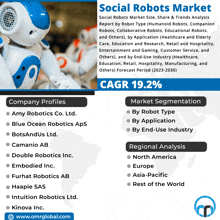 a flyer for the social robots market with a robot on it