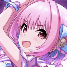 a close up of a girl with pink hair and a blue bow