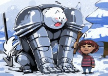 a cartoon drawing of a girl standing next to a robot in the snow