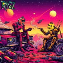 a poster for rigz shows two robots sitting on a car and a motorcycle