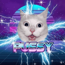 a white cat is surrounded by lightning and the word pussy is above it