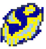 a pixel art of a blue and yellow leaf on a white background .