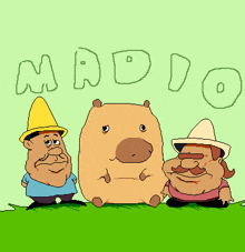 three cartoon characters are standing next to each other with the word madjo written in the background