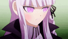 a girl with long purple hair and purple eyes is wearing a black coat .