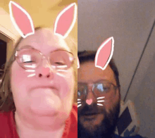 a man and a woman with bunny ears on their faces