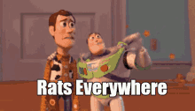 woody and buzz lightyear from toy story are standing next to each other with the words rats everywhere above them