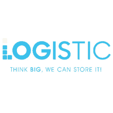 a blue and white logo for logistic that says think big we can store it