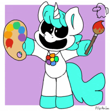 a drawing of a unicorn holding a palette and a paintbrush