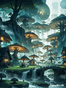 a painting of a forest with mushrooms and houses with lensgo.ai written below it