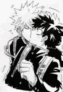 it is a black and white drawing of a boy kissing another boy .