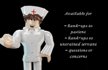 a cartoon nurse with the words available for rank-ups to patient and rank-ups to untrained servant questions or concerns