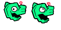 two green cartoon characters with their mouths open and a red circle on their eyes .