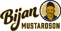 a logo for bijan mustardson with a picture of a smiling man