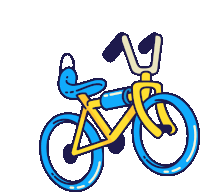 a drawing of a yellow and blue bicycle with the letter v on the handlebars