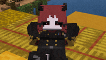 a minecraft character with red hair and horns is wearing a black jacket