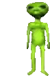 a green alien is standing on a white background and looking at the camera .