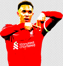 a soccer player wearing a red shirt that says standard chartered on it