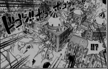 a black and white drawing of a city with buildings and a question mark